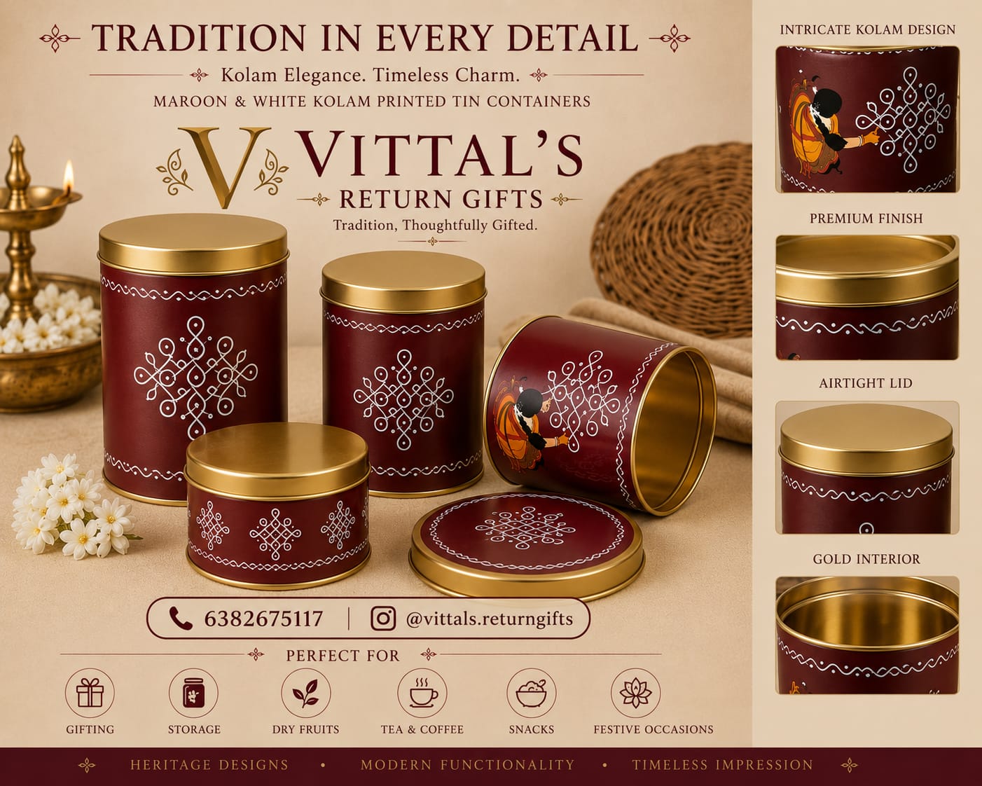 Maroon and white kolam printed tin containers with gold lids