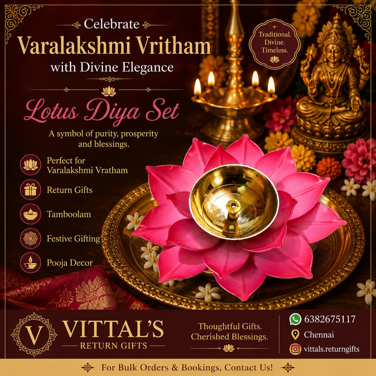 Pink lotus diya set with brass centre on a decorated pooja plate