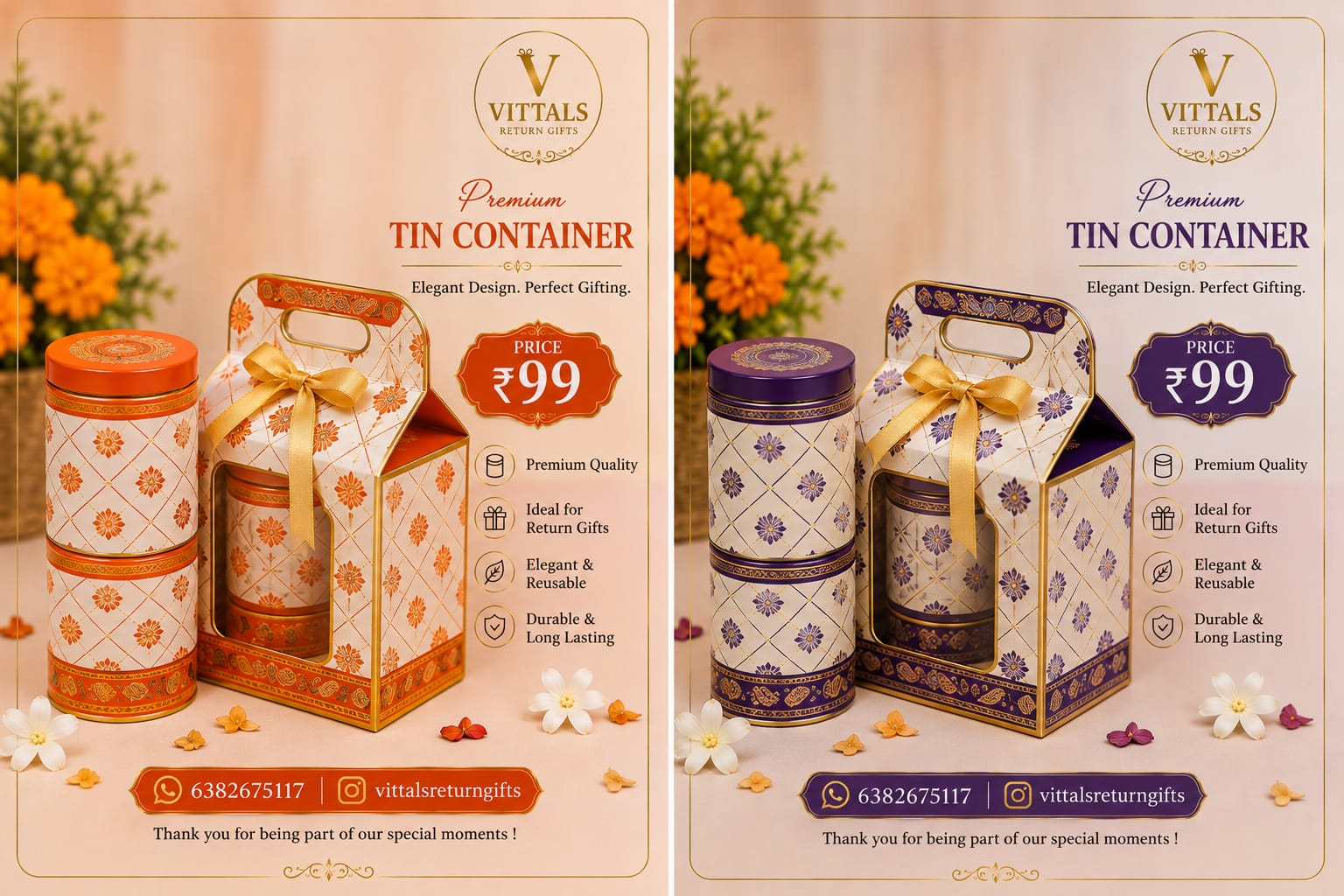 Premium tin containers in orange and purple with matching gift boxes