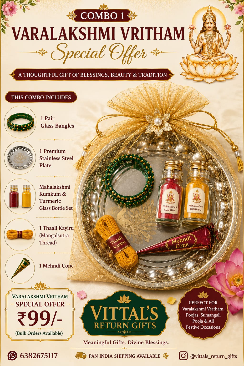 Varalakshmi Vratham combo with bangles, steel plate, kumkum and turmeric bottles, thaali kayiru and mehndi cone