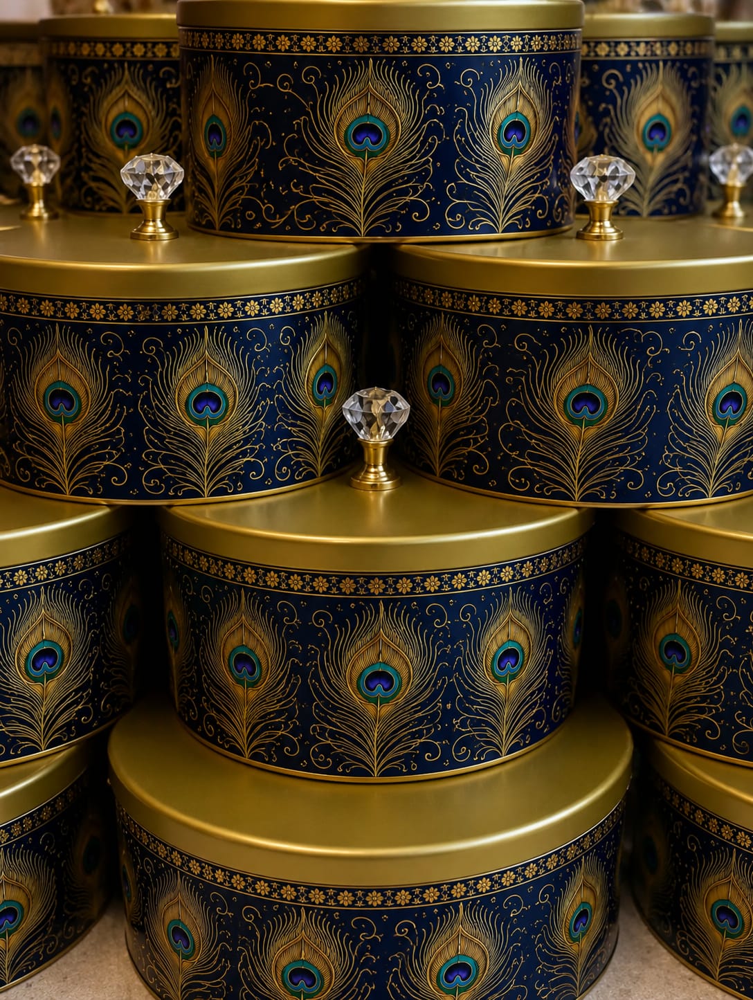 Navy and gold peacock feather print tins with crystal knobs